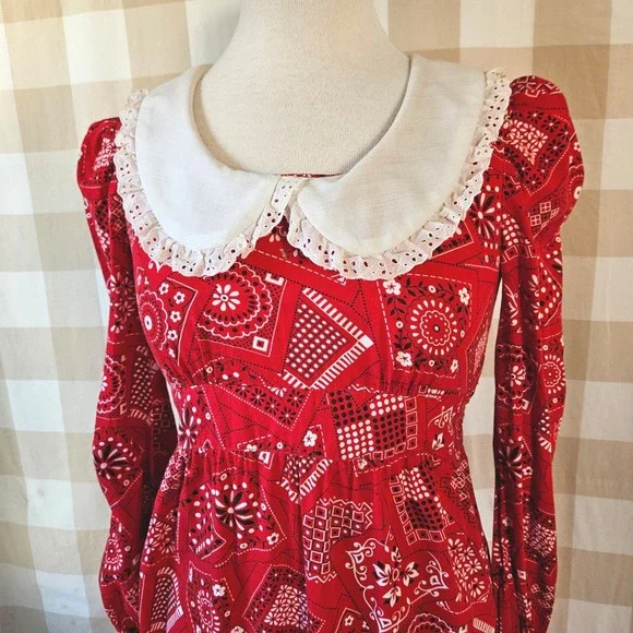 Vintage 70s Handmade Red Bandana Print Maxi Dress Puff Sleeve Peter Pan Collar S - Picture 3 of 7
